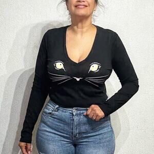 Wildfox Black Meow Cat Long Sleeve Bodysuit Sz L